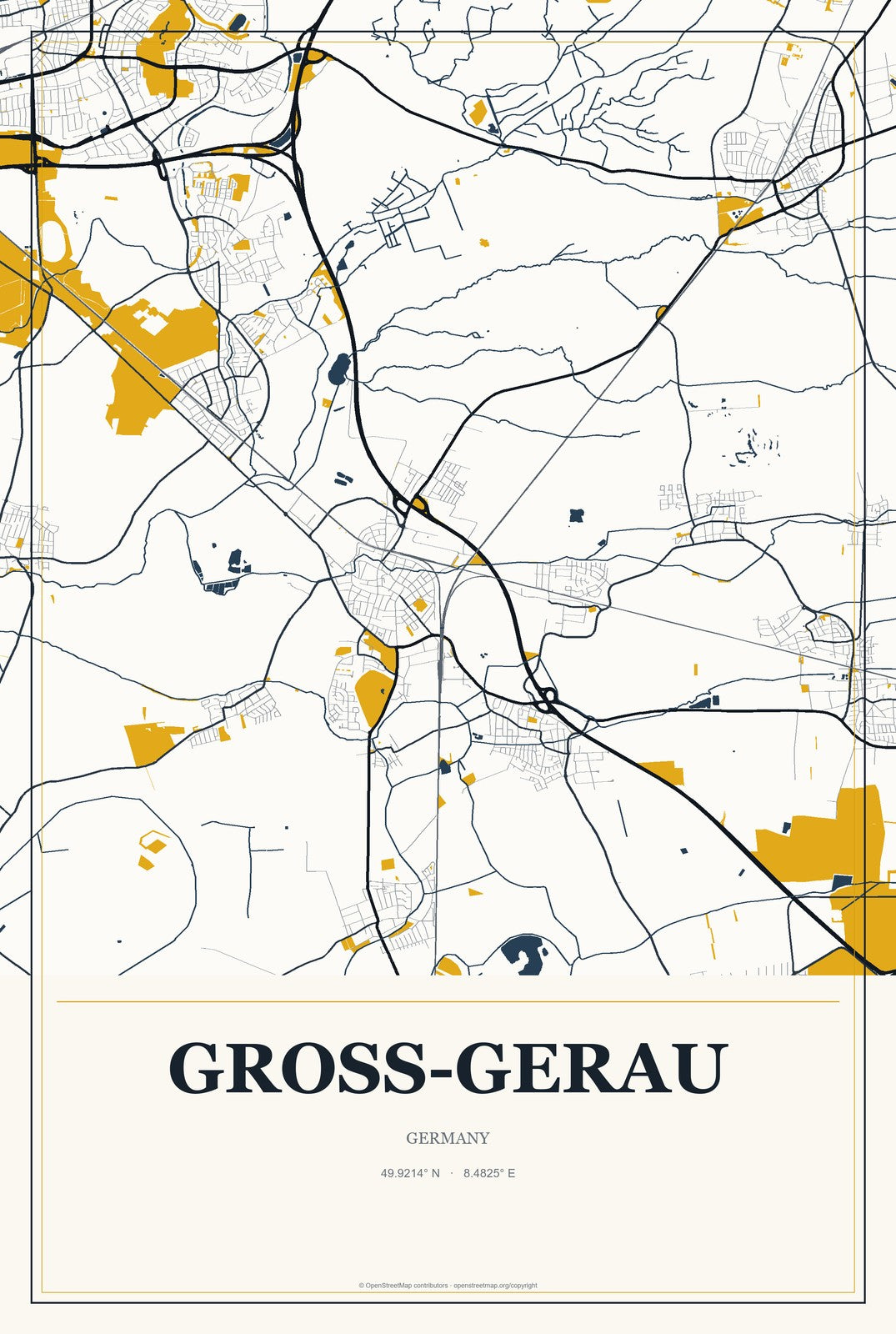 Groß-Gerau, Germany City Map Aluminum Sign in Citrine Modern style