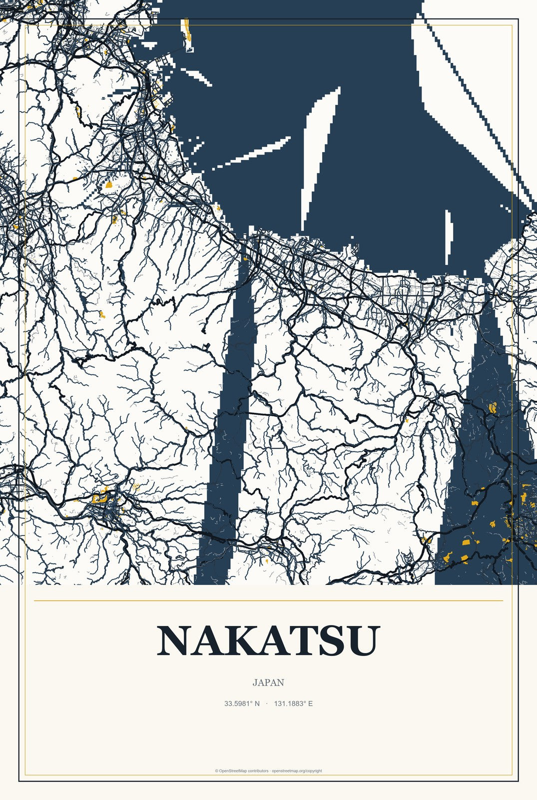Nakatsu, Japan City Map Aluminum Sign in Citrine Modern style