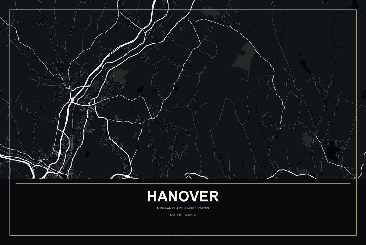 Hanover, New Hampshire City Map Aluminum Sign in Metropolitan Noir style