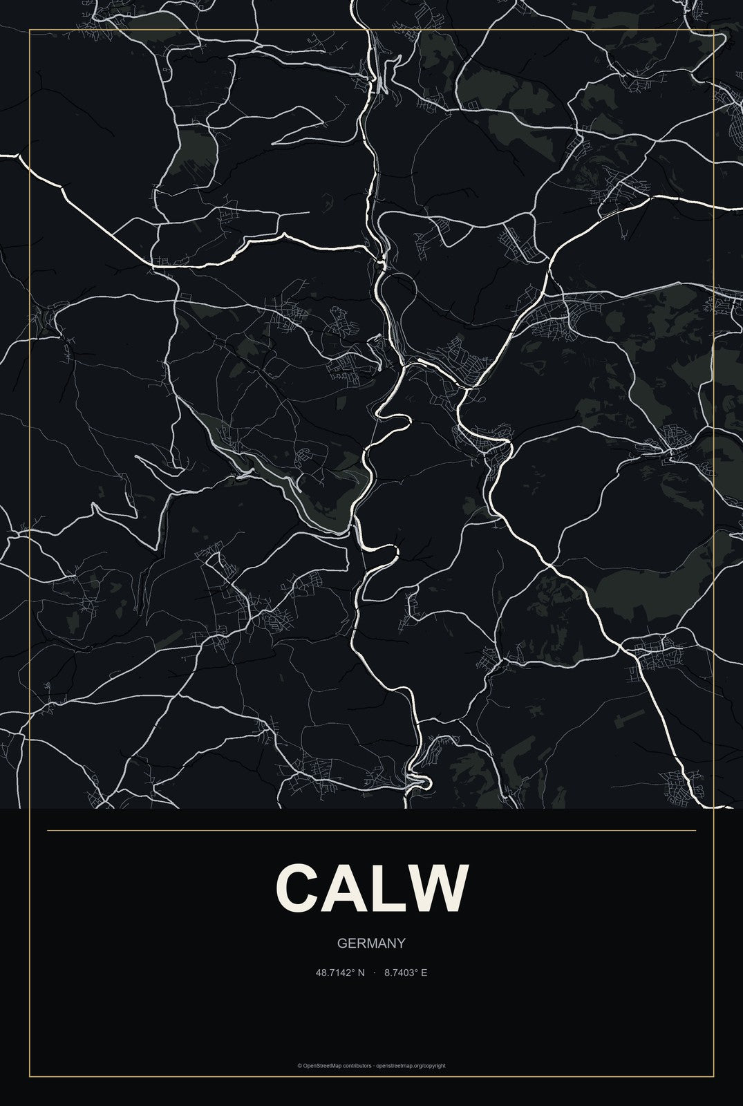 Calw, Germany City Map Aluminum Sign in Metropolitan Noir style