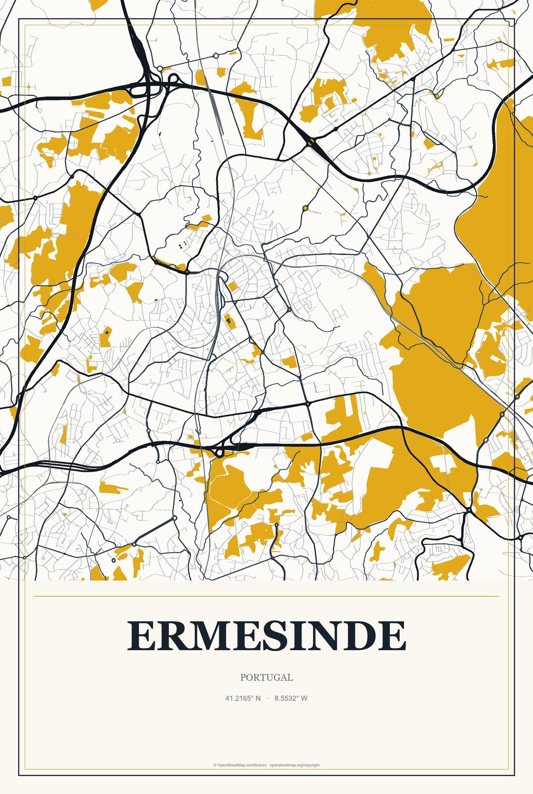 Ermesinde, Portugal City Map Aluminum Sign in Citrine Modern style