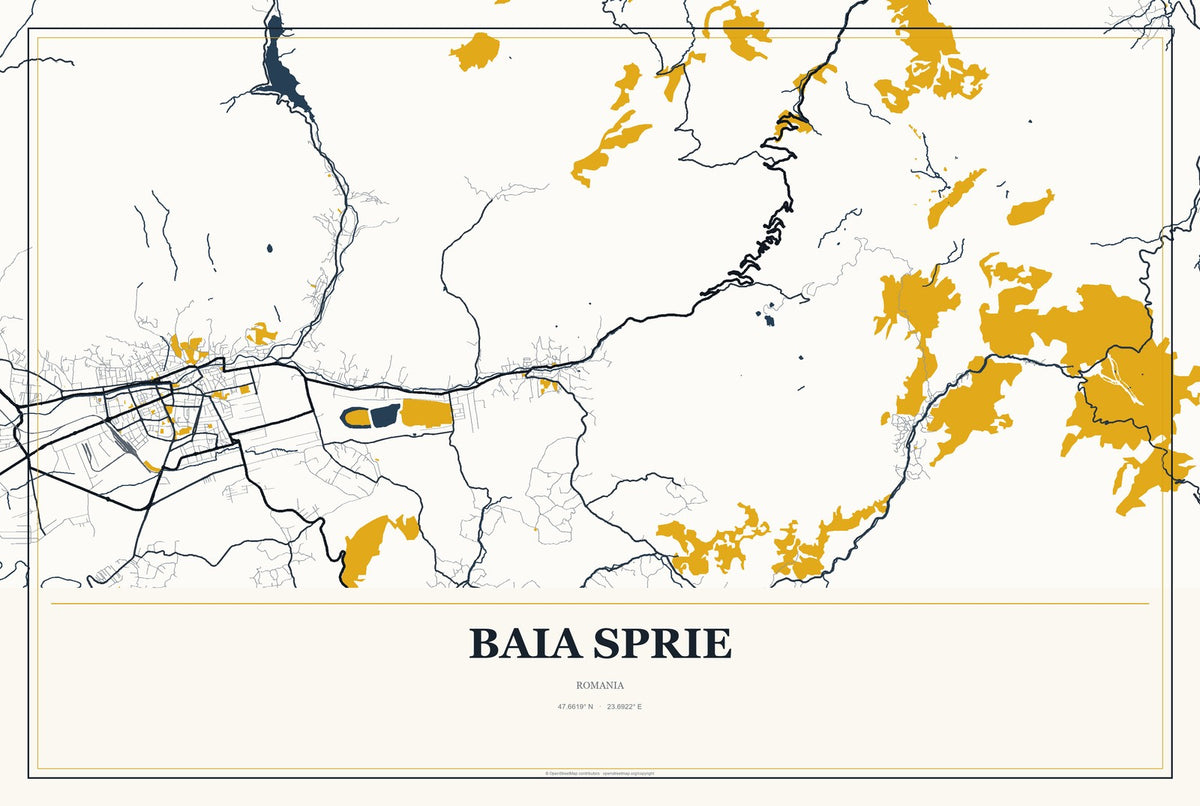 Baia Sprie, Romania City Map Aluminum Sign in Citrine Modern style