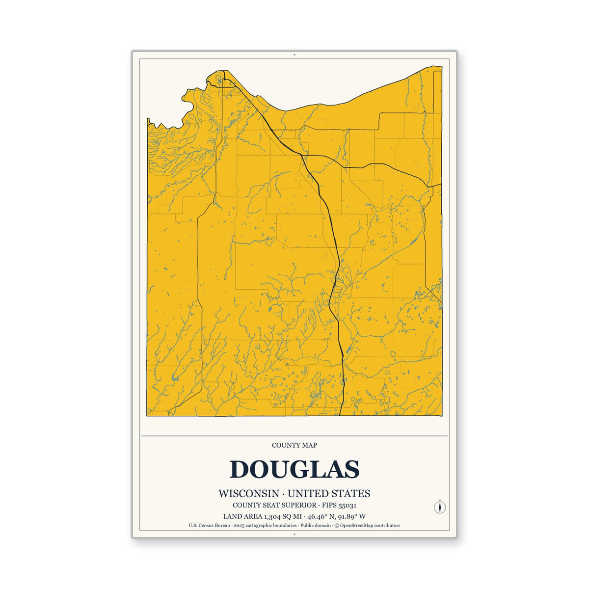 Douglas County, Wisconsin Map Aluminum Sign in Citrine Modern style