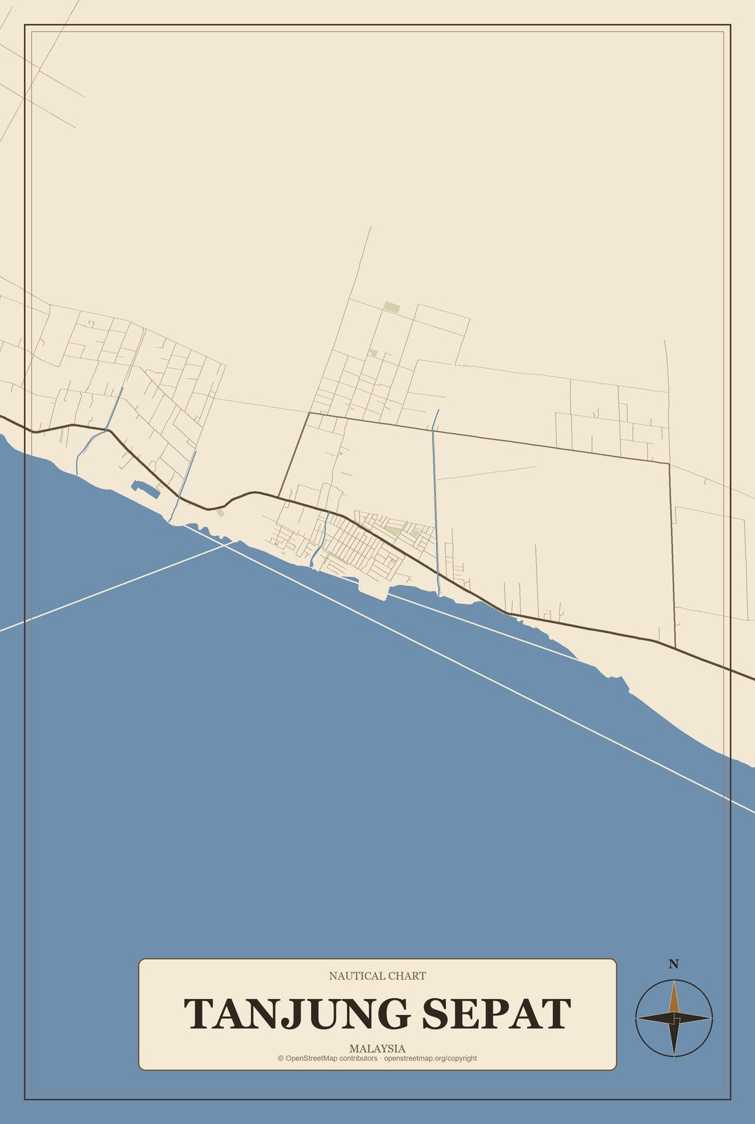 Tanjung Sepat, Malaysia City Map Aluminum Sign in Heritage Nautical style
