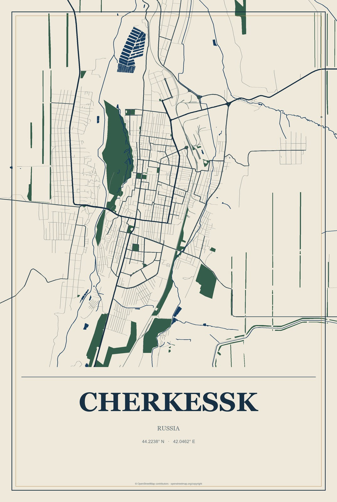 Cherkessk, Russia City Map Aluminum Sign in Coastal Cutout style