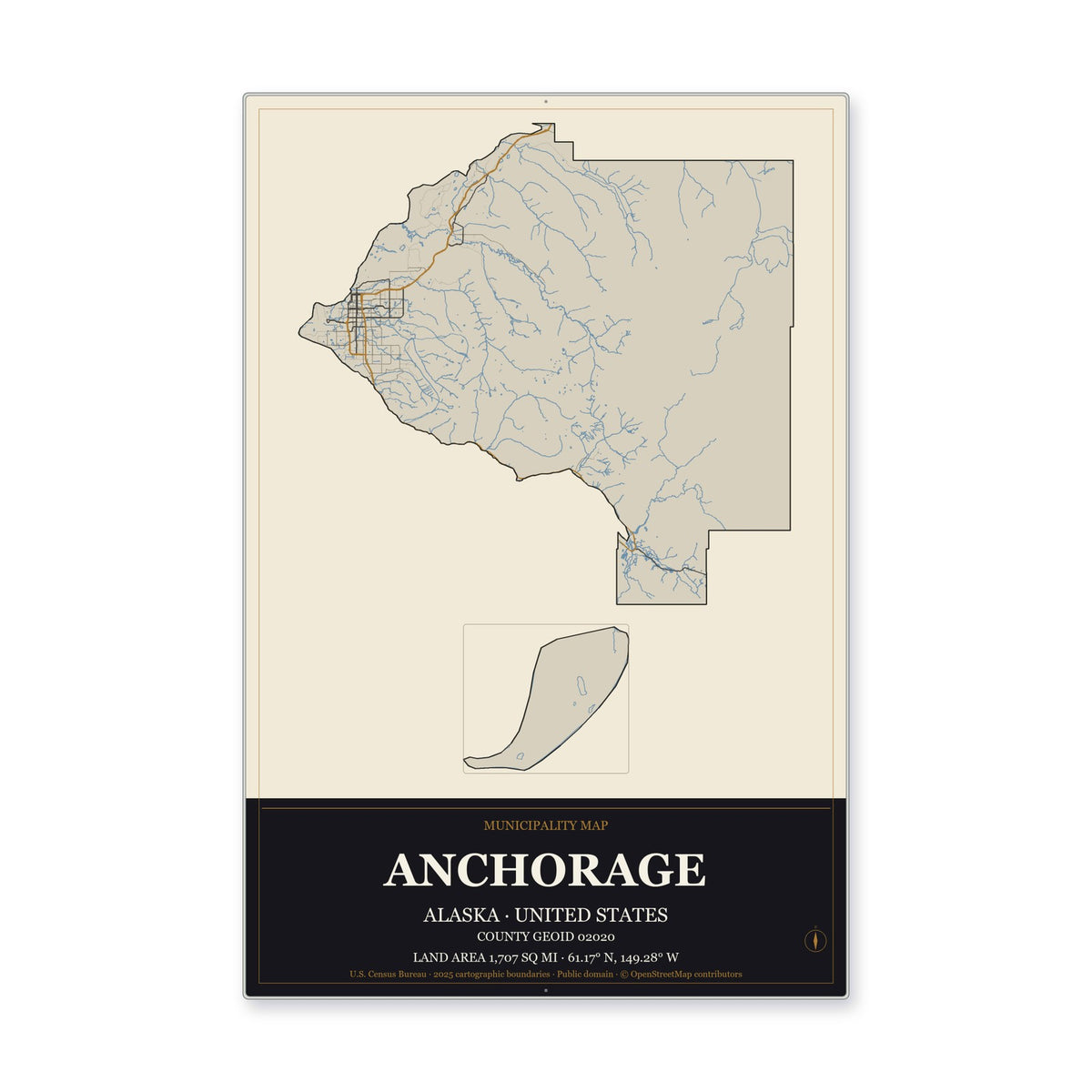 Anchorage Municipality, Alaska Map Aluminum Sign in Museum Plaque style