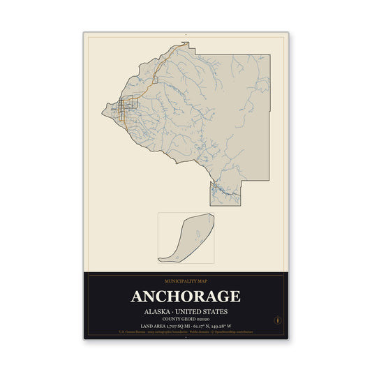 Anchorage Municipality, Alaska Map Aluminum Sign in Museum Plaque style