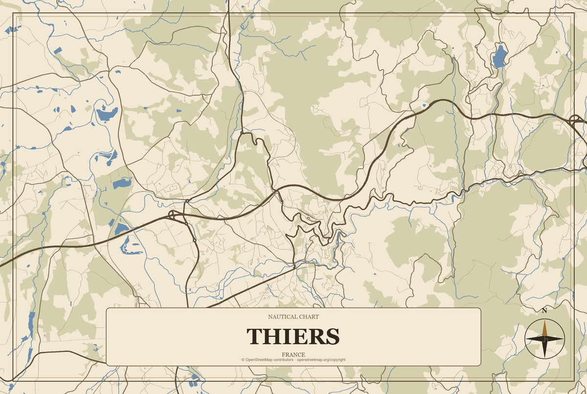 Thiers, France City Map Aluminum Sign in Heritage Nautical style