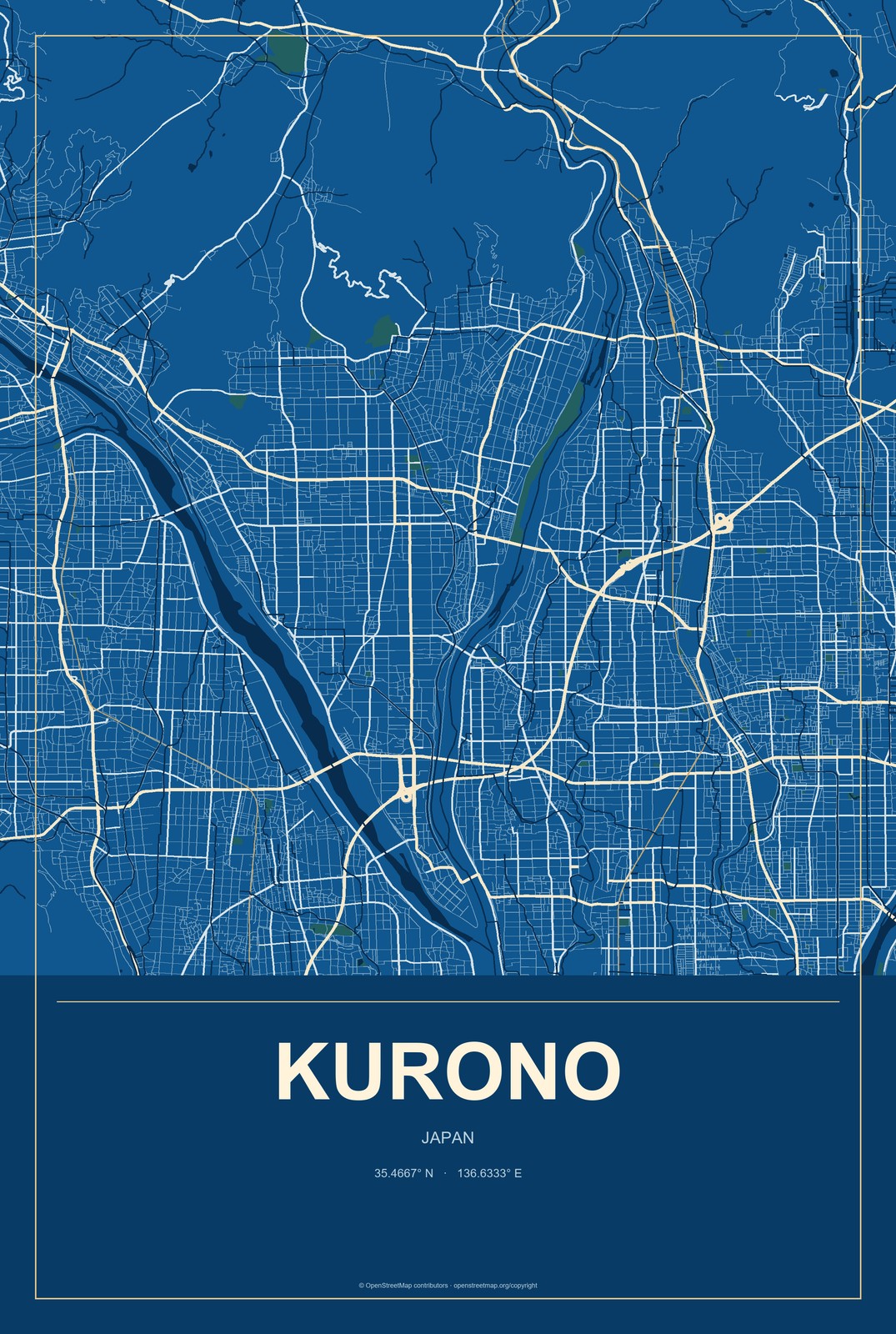 Kurono, Japan City Map Aluminum Sign in Harbor Cobalt style