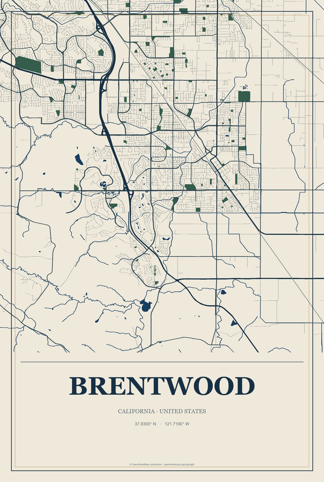 Brentwood, California City Map Aluminum Sign in Coastal Cutout style