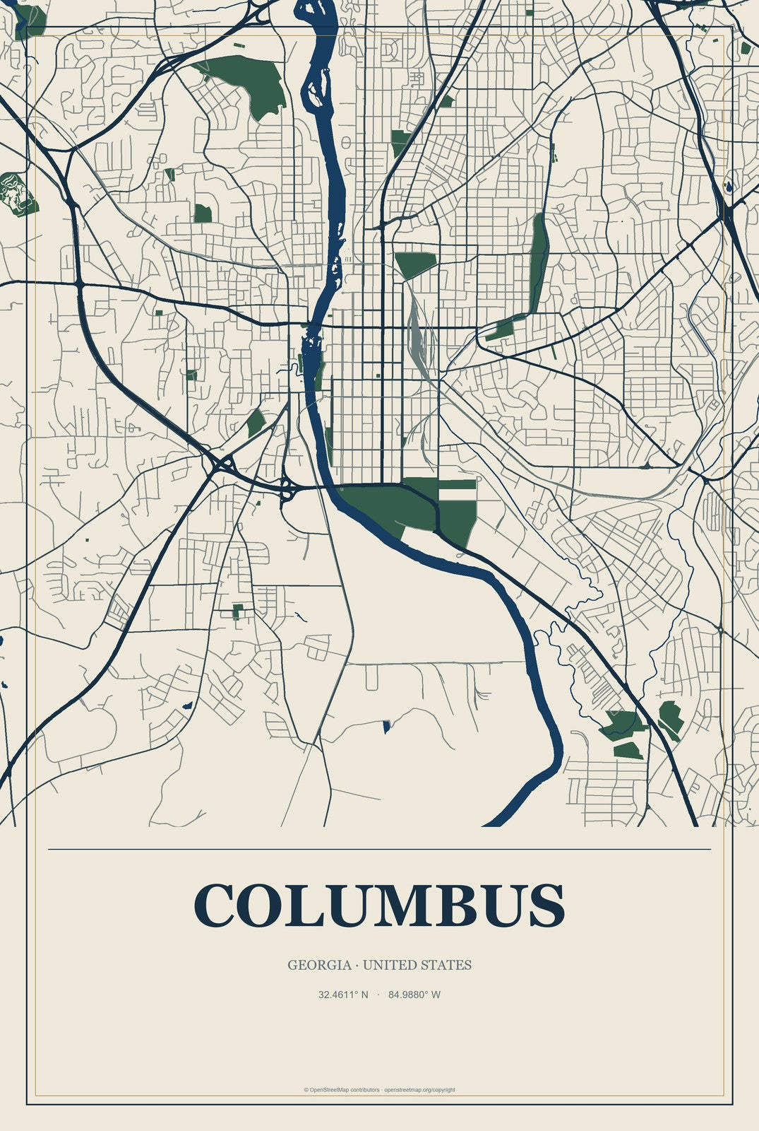 Columbus, Georgia City Map Aluminum Sign in Coastal Cutout style