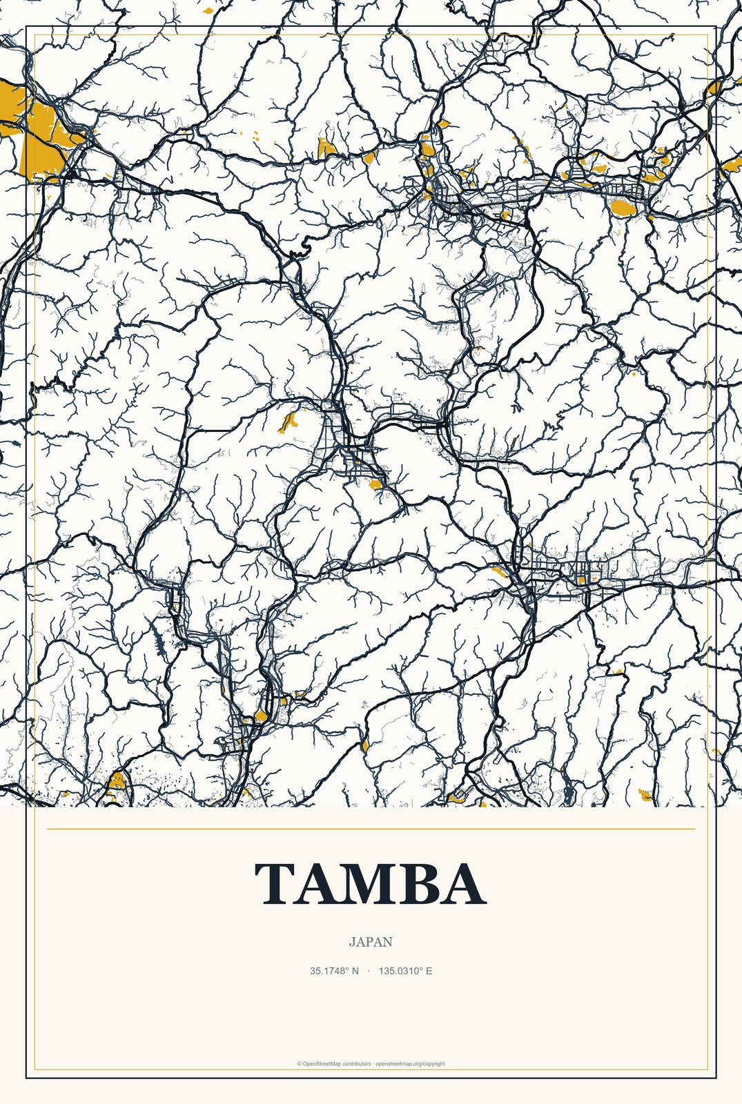 Tamba, Japan City Map Aluminum Sign in Citrine Modern style