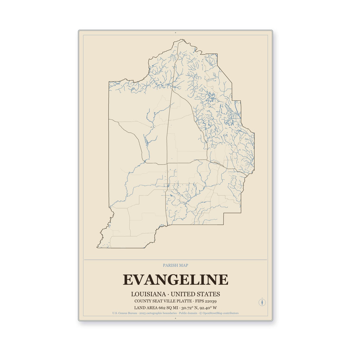 Evangeline Parish, Louisiana Map Aluminum Sign in Heritage Nautical style