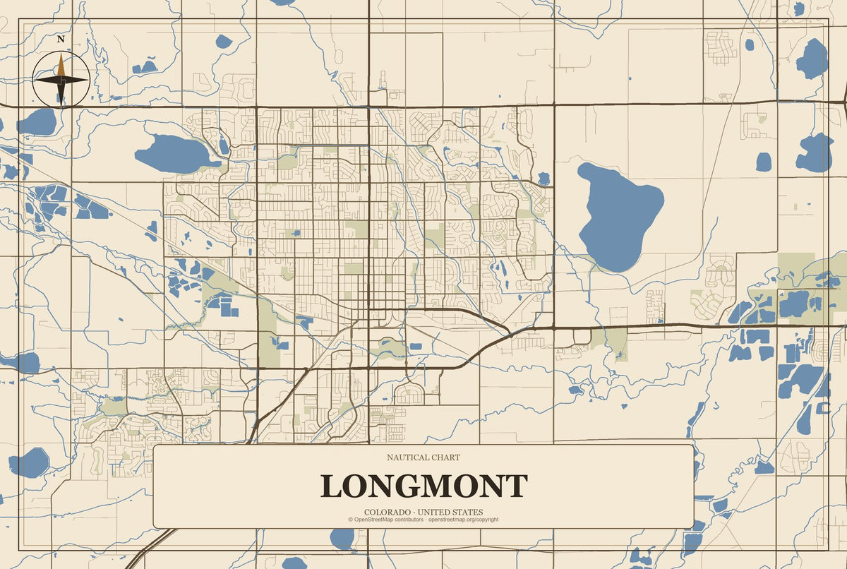 Longmont, Colorado City Map Aluminum Sign in Heritage Nautical style