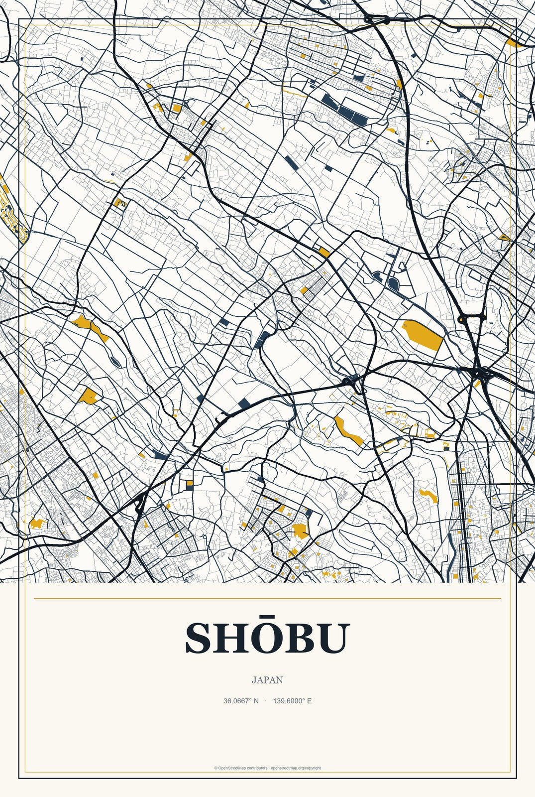Shōbu, Japan City Map Aluminum Sign in Citrine Modern style