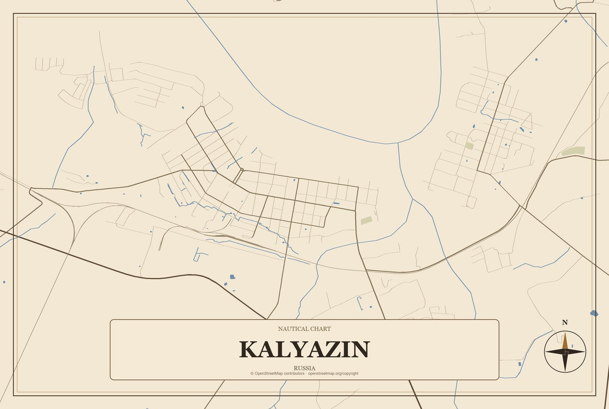 Kalyazin, Russia City Map Aluminum Sign in Heritage Nautical style