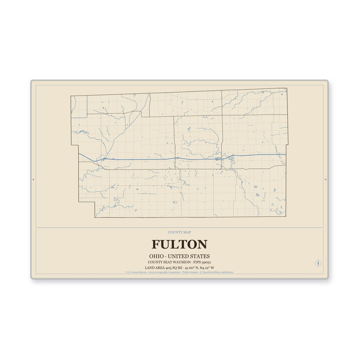Fulton County, Ohio Map Aluminum Sign in Heritage Nautical style
