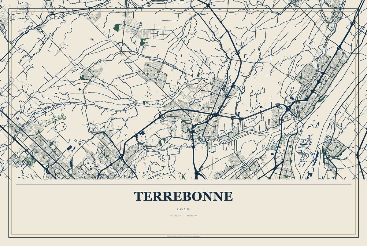 Terrebonne, Canada City Map Aluminum Sign in Coastal Cutout style