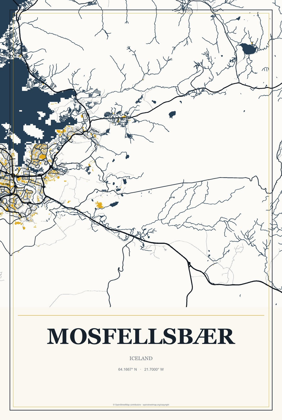 Mosfellsbær, Iceland City Map Aluminum Sign in Citrine Modern style