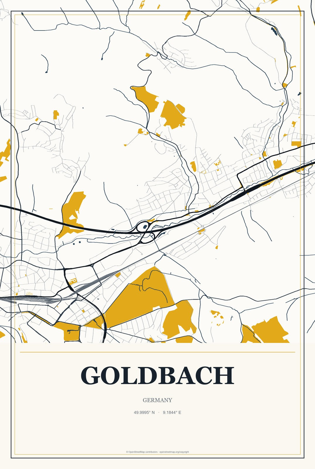 Goldbach, Germany City Map Aluminum Sign in Citrine Modern style