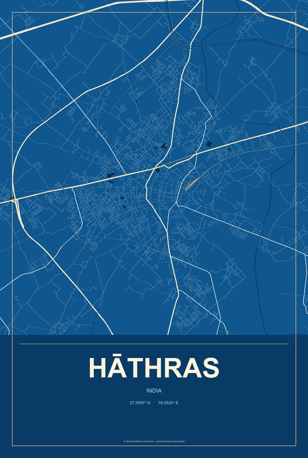 Hāthras, India City Map Aluminum Sign in Harbor Cobalt style