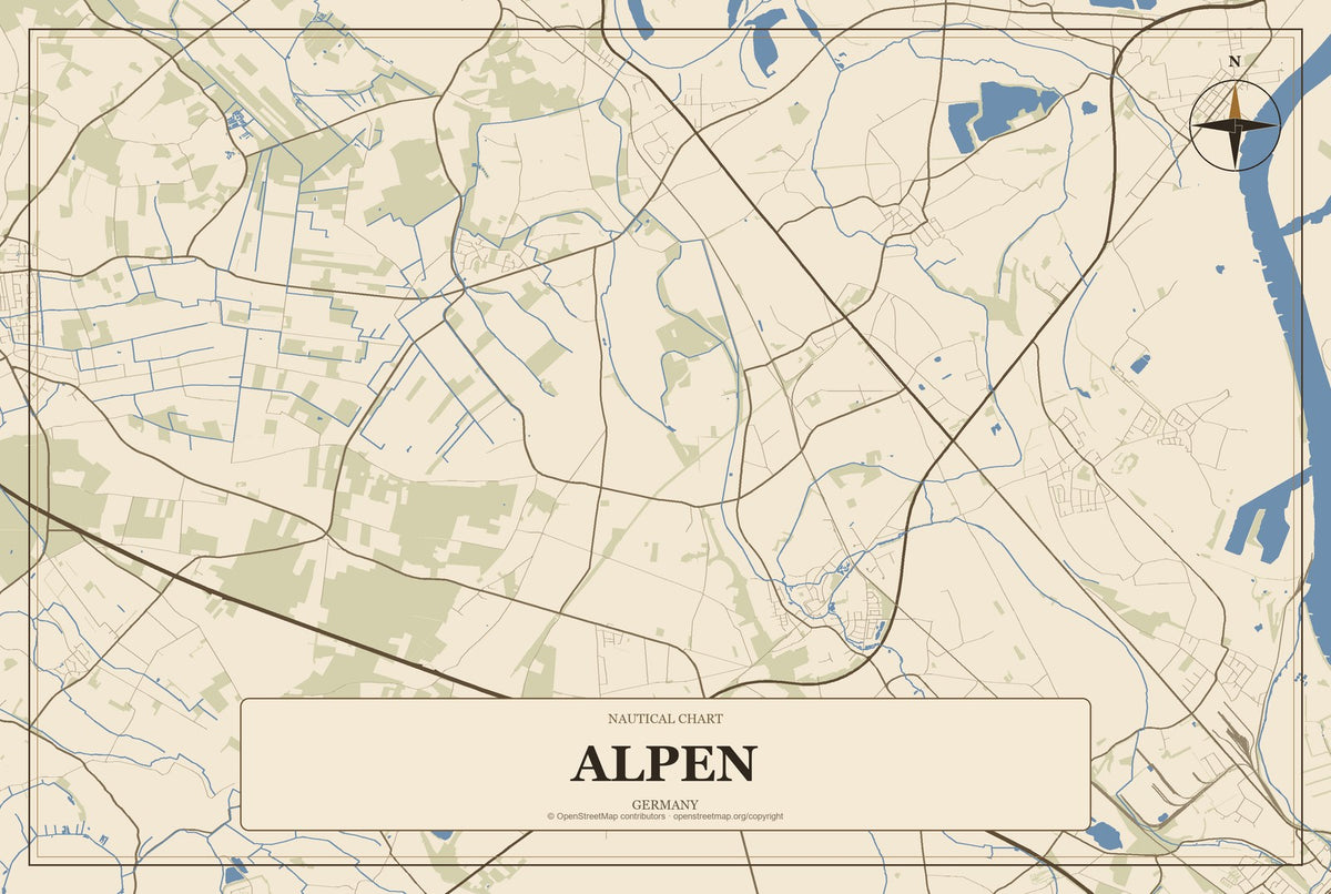 Alpen, Germany City Map Aluminum Sign in Heritage Nautical style