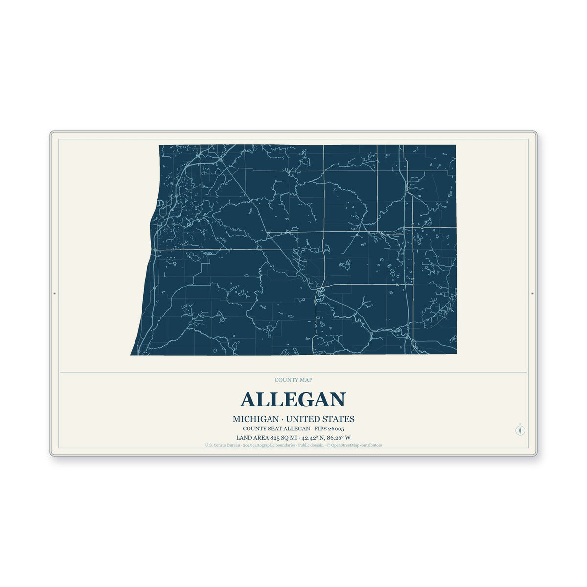 Allegan County, Michigan Map Aluminum Sign in Coastal Cutout style