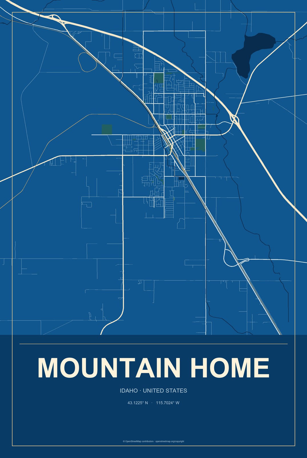 Mountain Home, Idaho City Map Aluminum Sign in Harbor Cobalt style