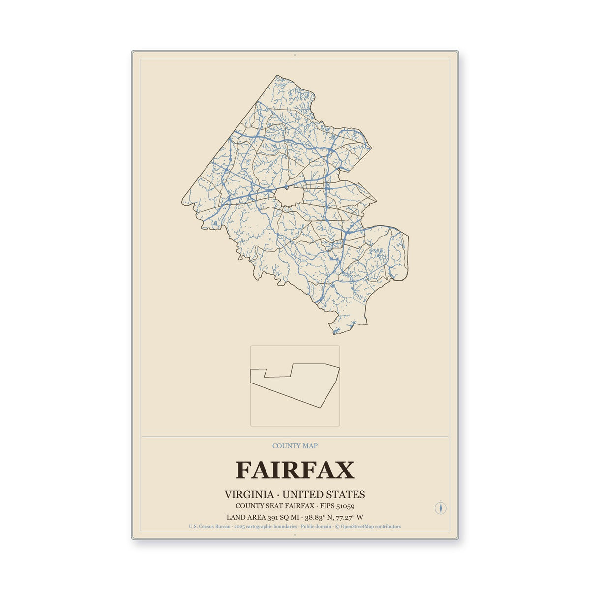 Fairfax County, Virginia Map Aluminum Sign in Heritage Nautical style
