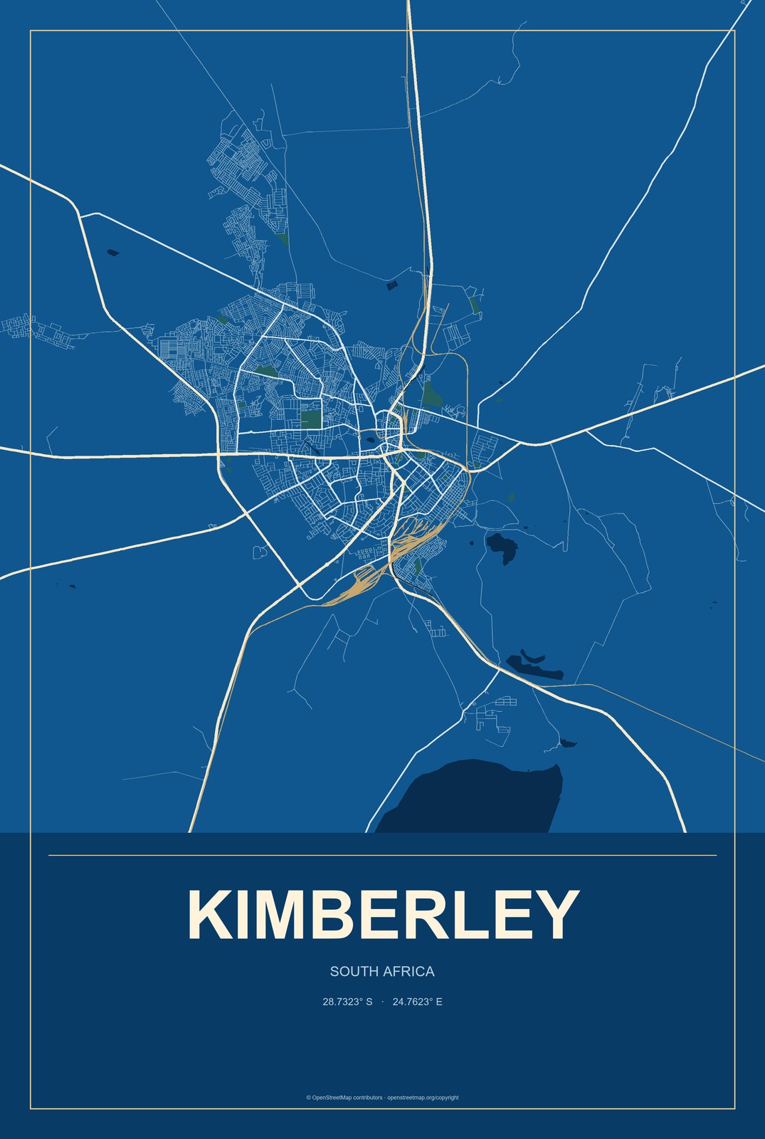Kimberley, South Africa City Map Aluminum Sign in Harbor Cobalt style