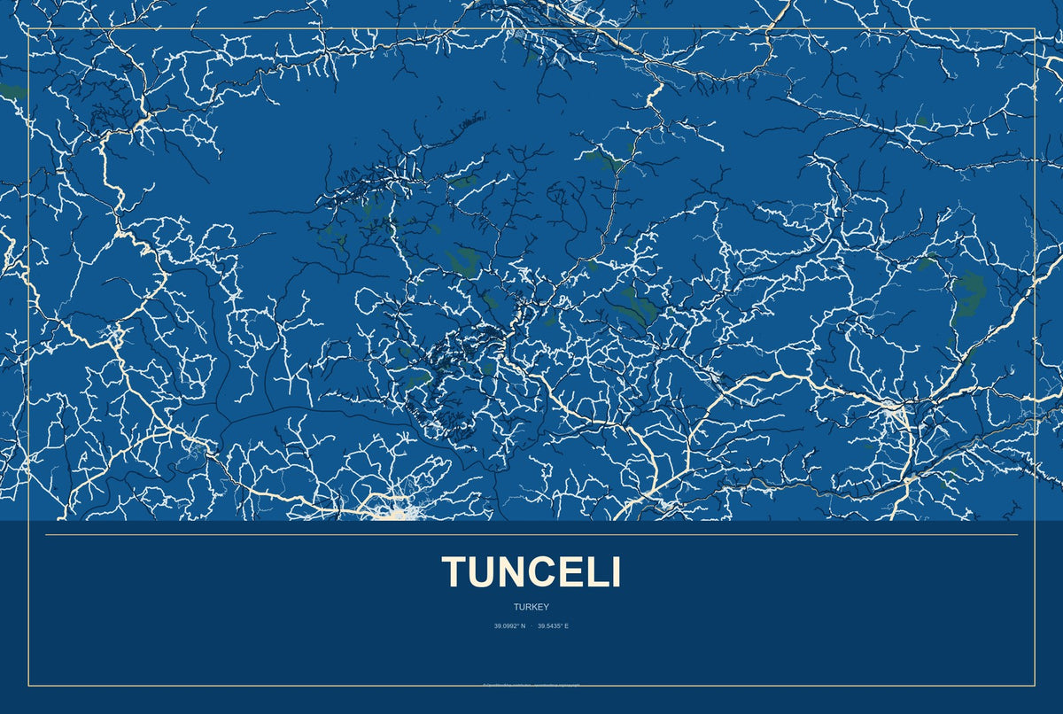 Tunceli, Turkey City Map Aluminum Sign in Harbor Cobalt style