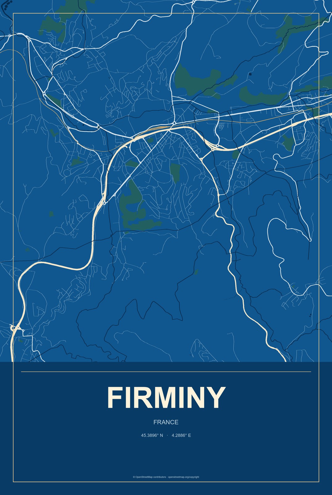 Firminy, France City Map Aluminum Sign in Harbor Cobalt style