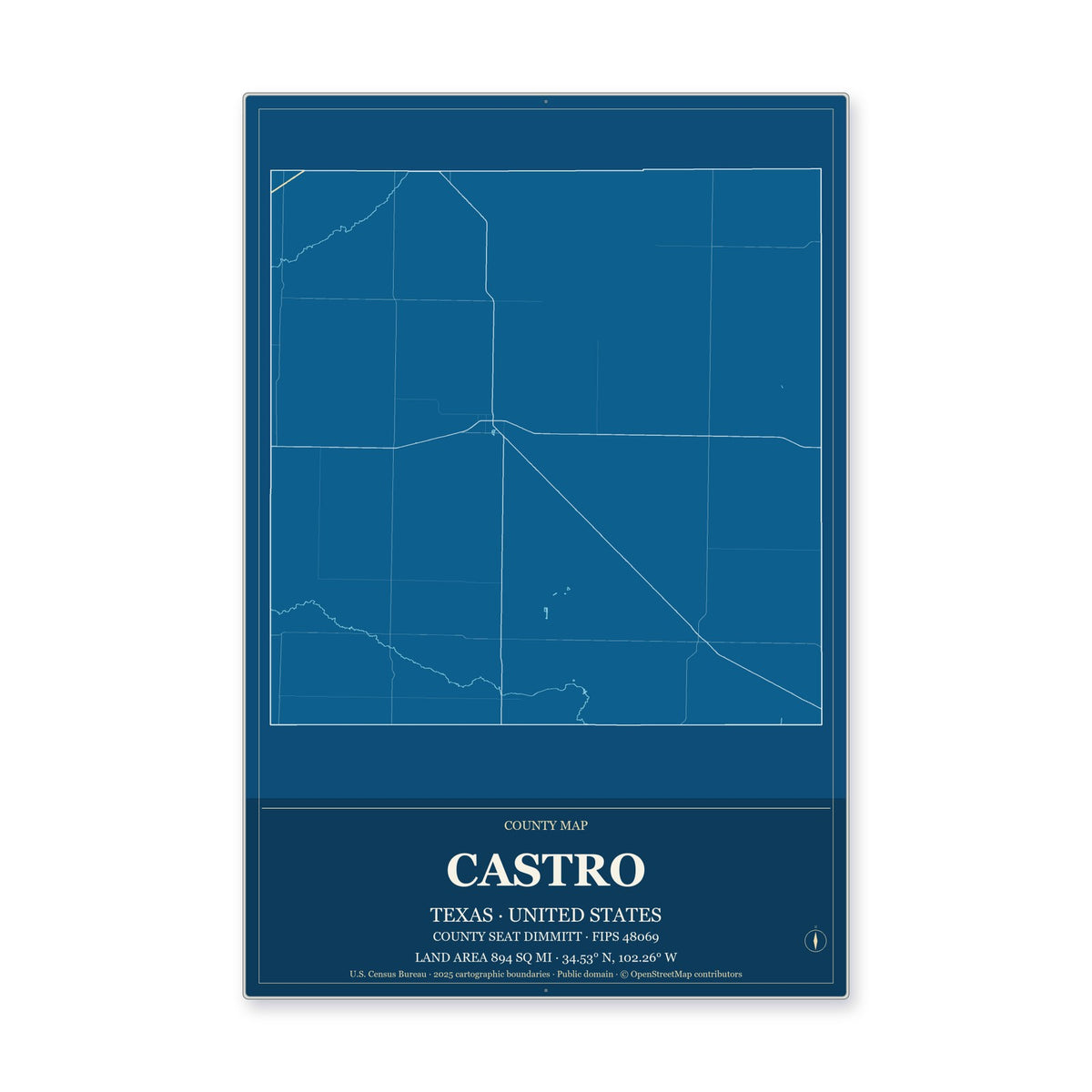 Castro County, Texas Map Aluminum Sign in Harbor Cobalt style