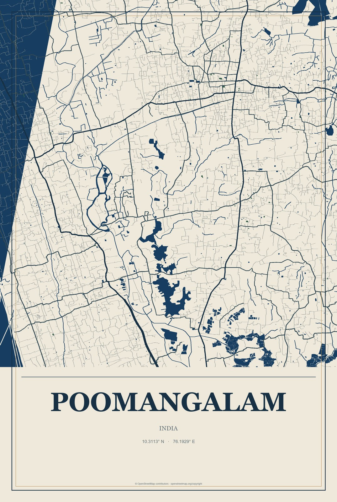 Poomangalam, India City Map Aluminum Sign in Coastal Cutout style
