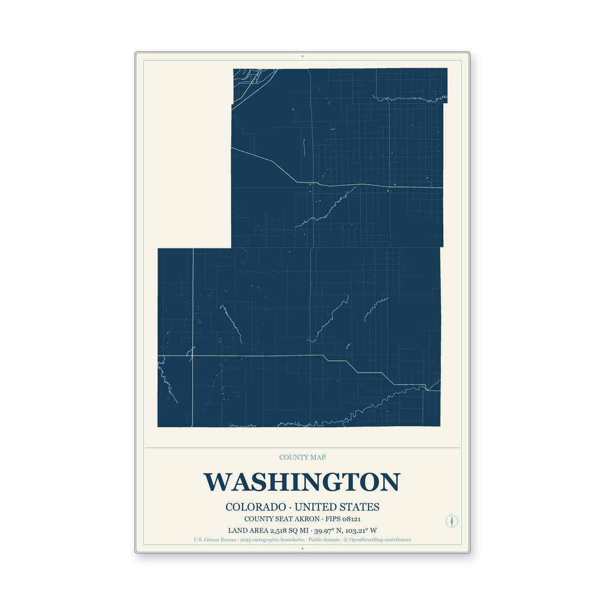 Washington County, Colorado Map Aluminum Sign in Coastal Cutout style