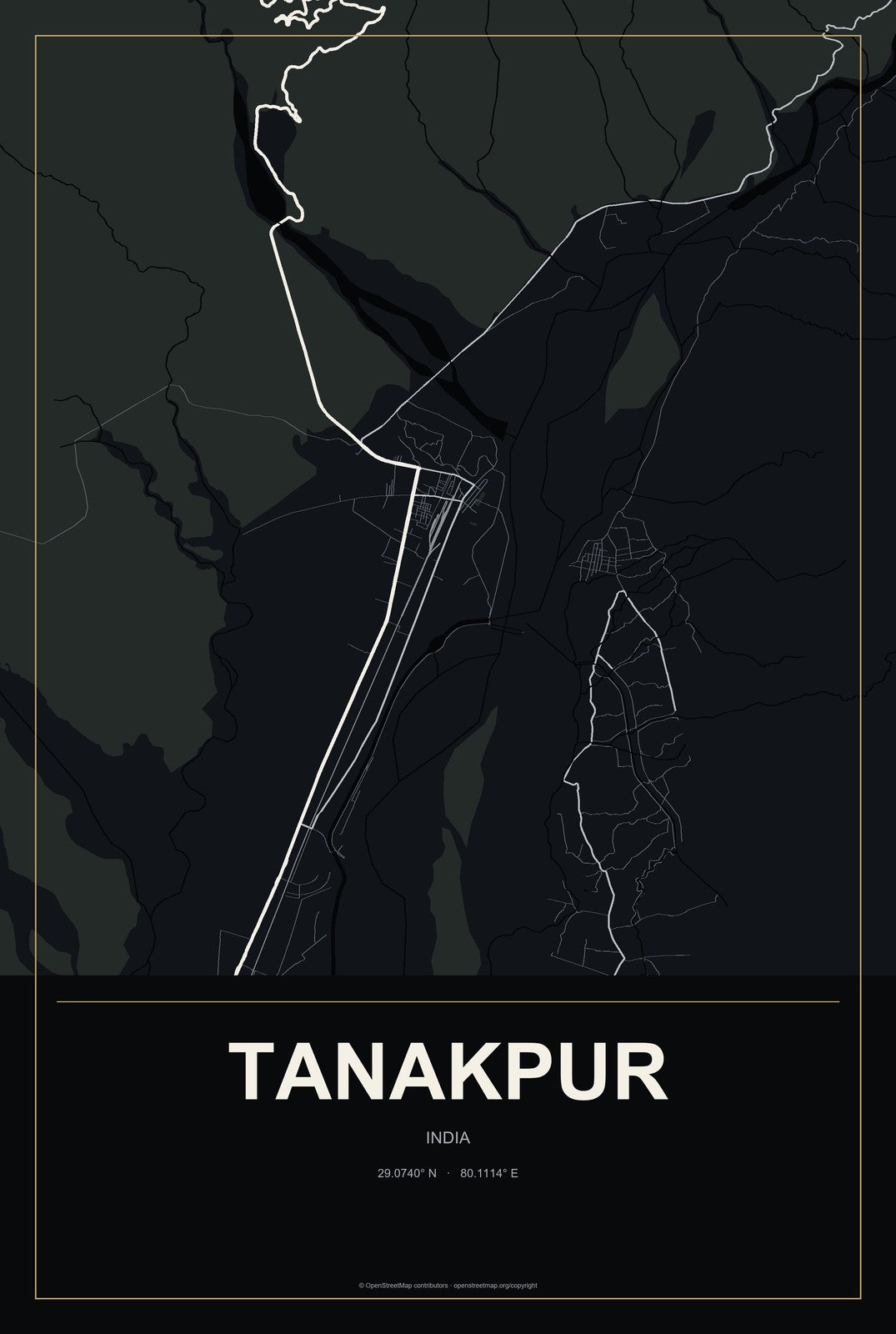 Tanakpur, India City Map Aluminum Sign in Metropolitan Noir style
