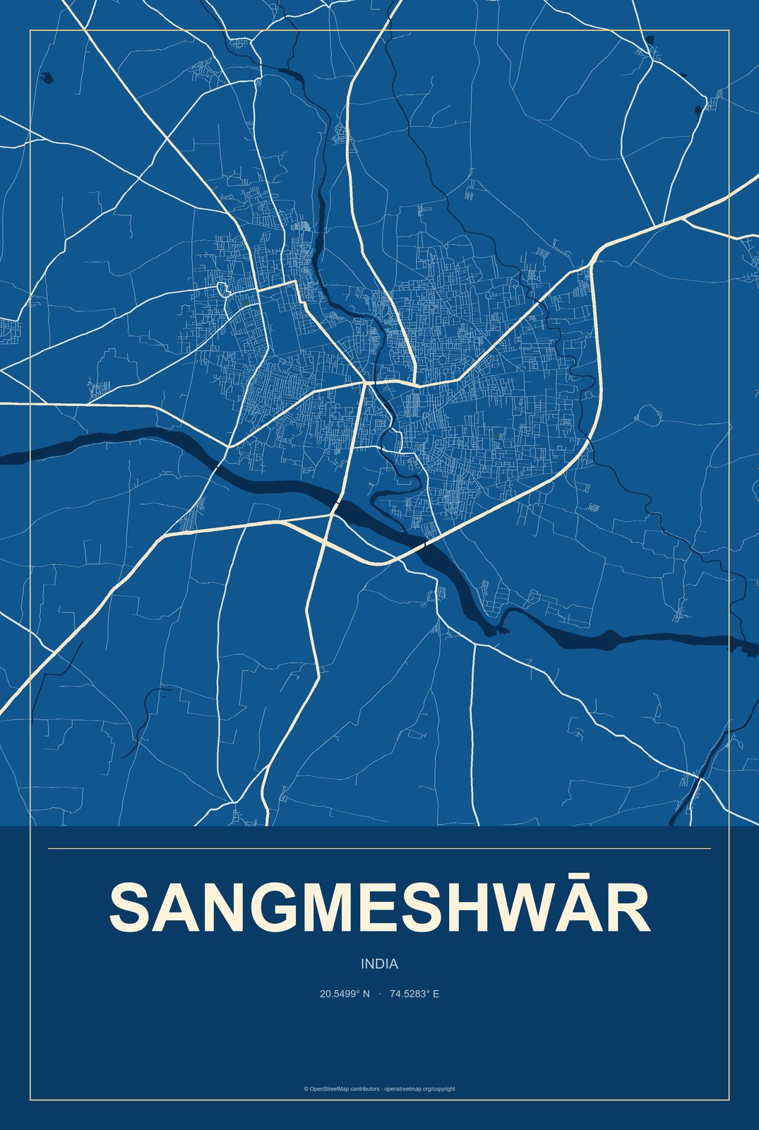 Sangmeshwār, India City Map Aluminum Sign in Harbor Cobalt style