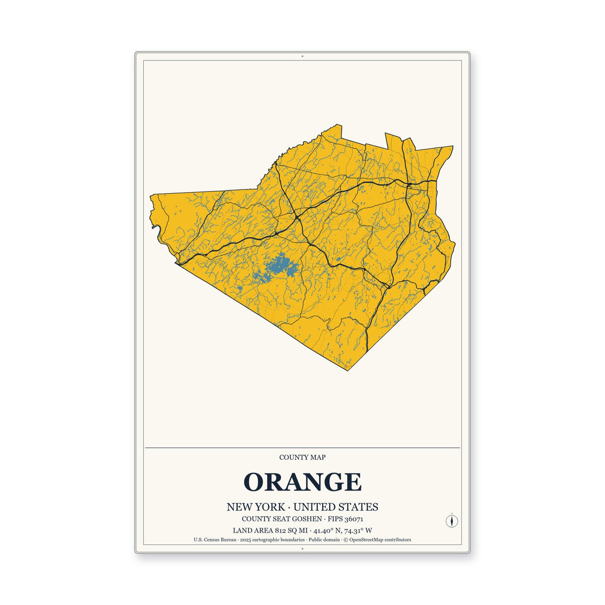 Orange County, New York Map Aluminum Sign in Citrine Modern style