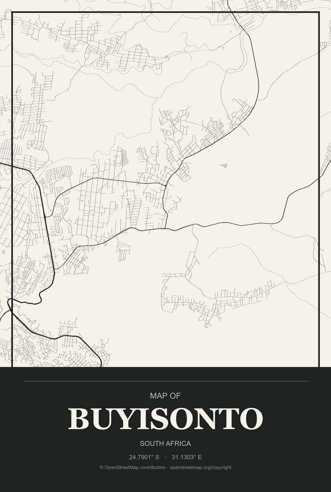 Buyisonto, South Africa City Map Aluminum Sign in Museum Plaque style
