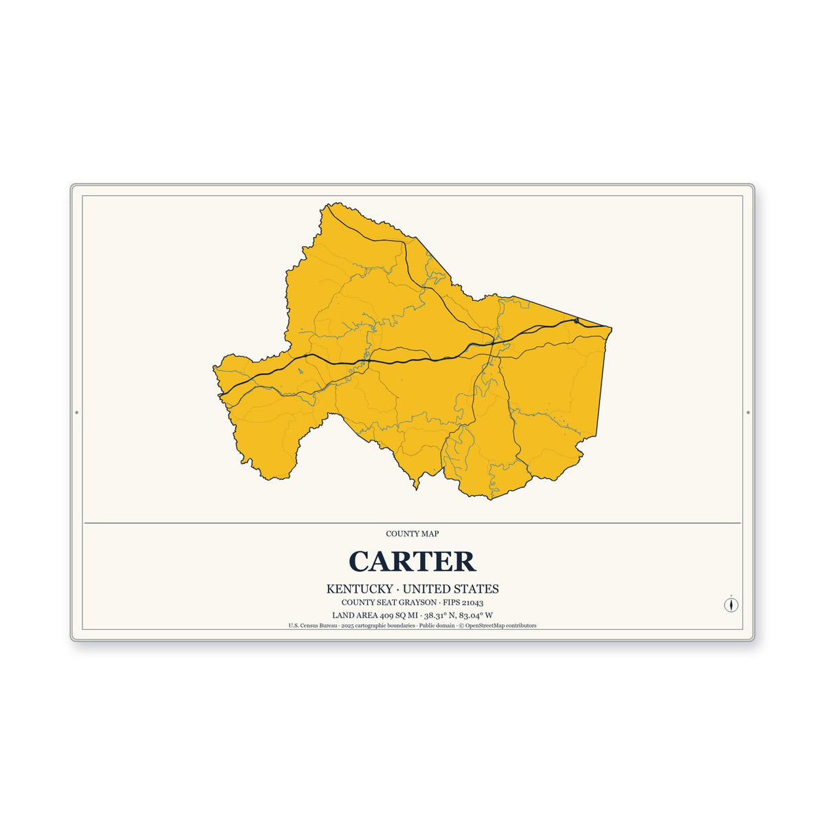 Carter County, Kentucky Map Aluminum Sign in Citrine Modern style