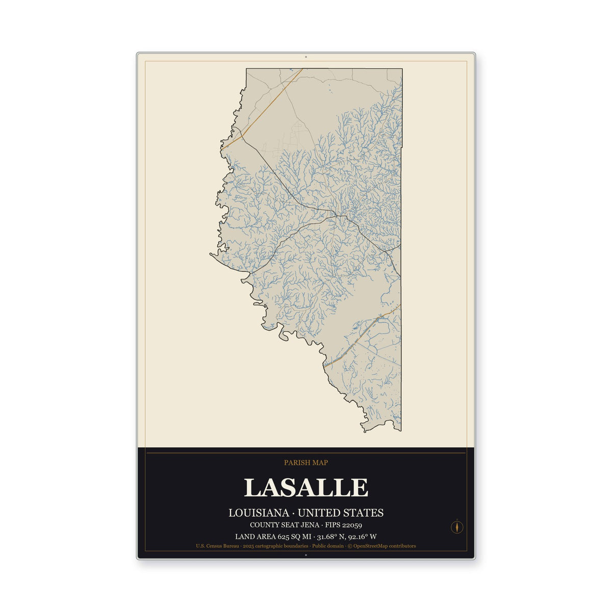 LaSalle Parish, Louisiana Map Aluminum Sign in Museum Plaque style