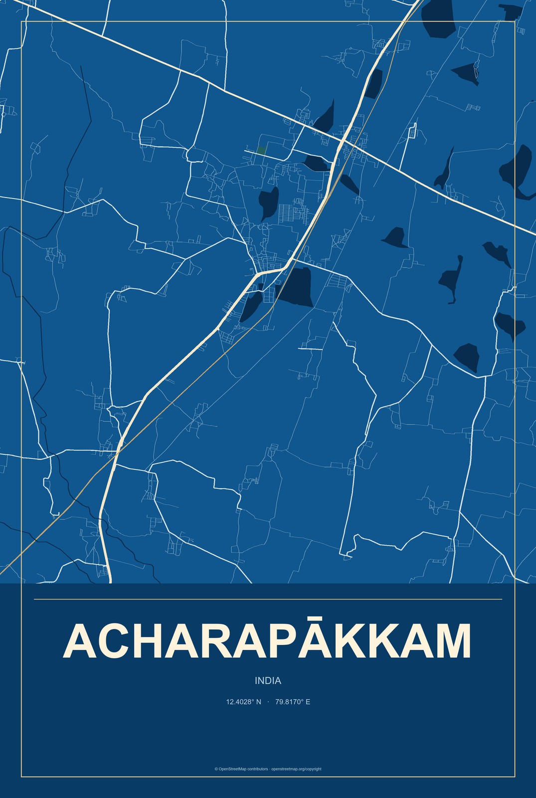 Acharapākkam, India City Map Aluminum Sign in Harbor Cobalt style