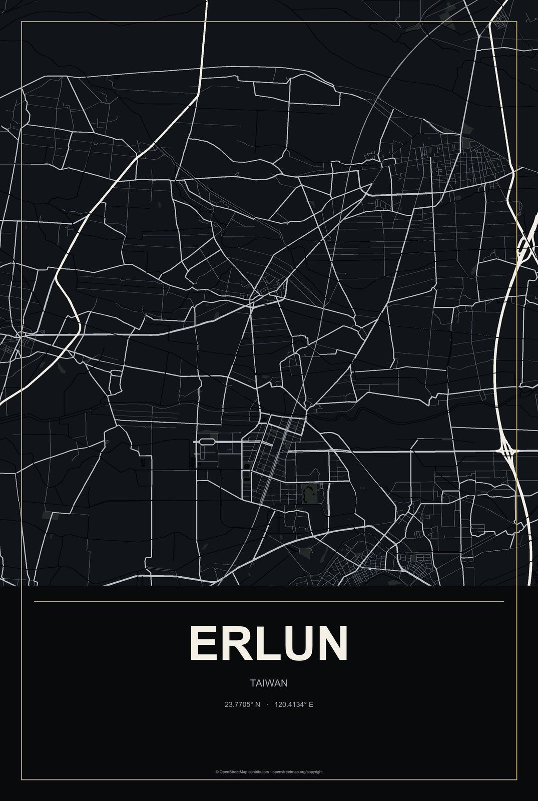 Erlun, Taiwan City Map Aluminum Sign in Metropolitan Noir style