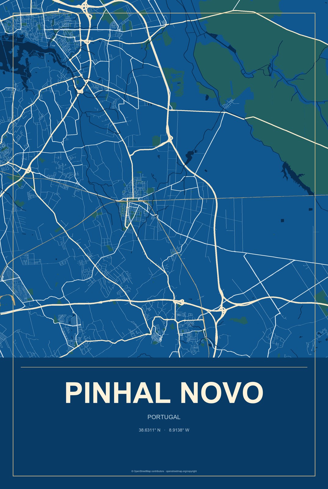 Pinhal Novo, Portugal City Map Aluminum Sign in Harbor Cobalt style