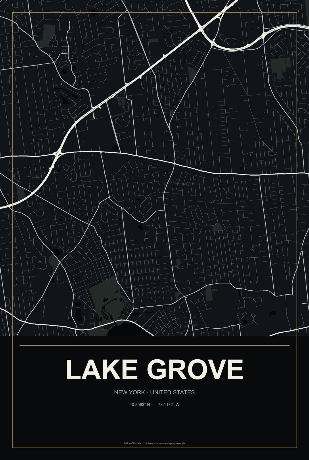 Lake Grove, New York City Map Aluminum Sign in Metropolitan Noir style