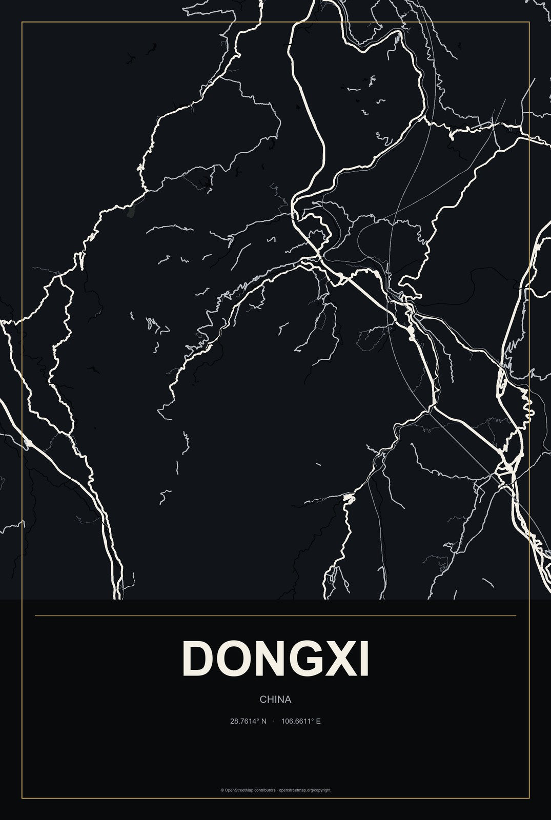 Dongxi, China City Map Aluminum Sign in Metropolitan Noir style