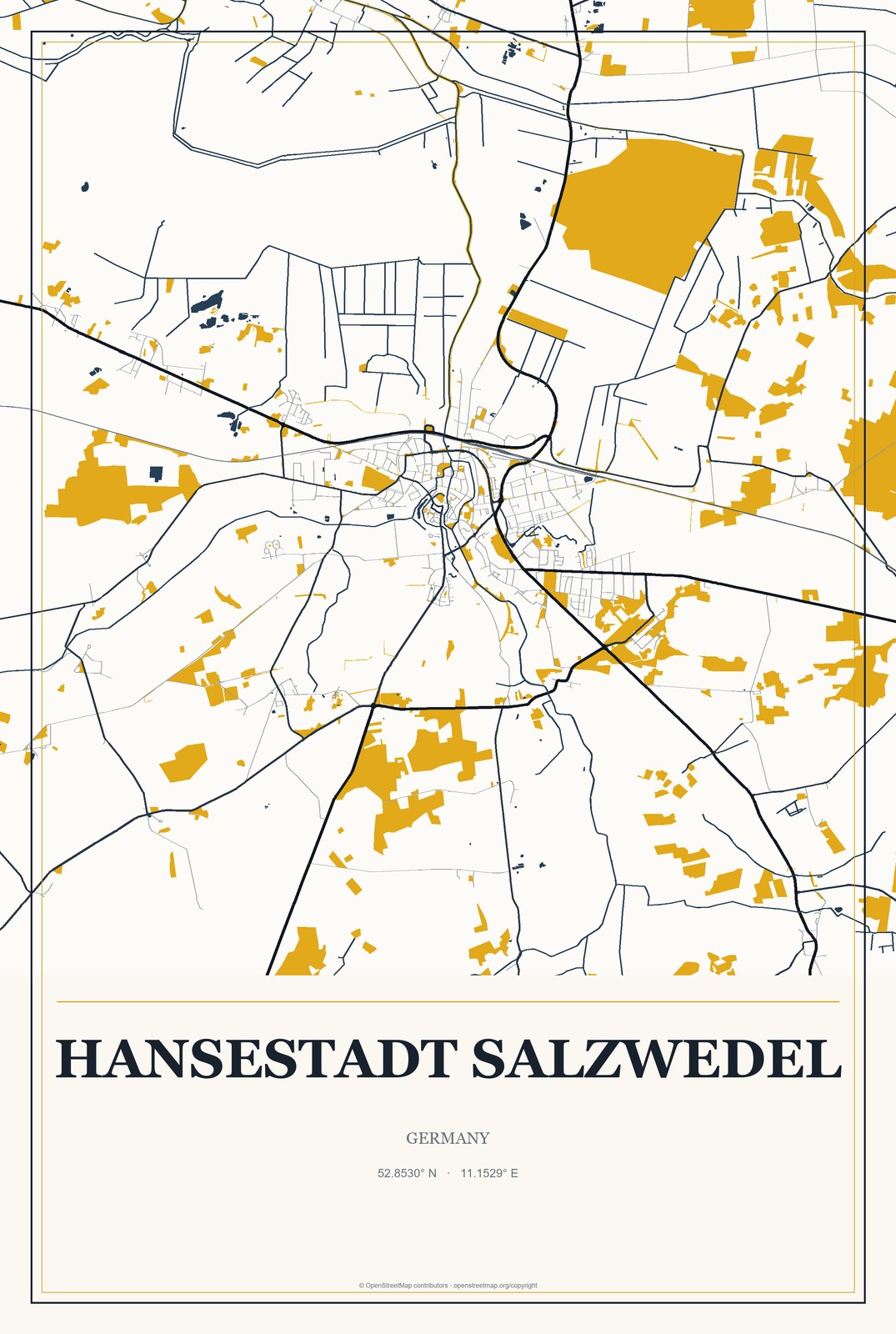 Hansestadt Salzwedel, Germany City Map Aluminum Sign in Citrine Modern style
