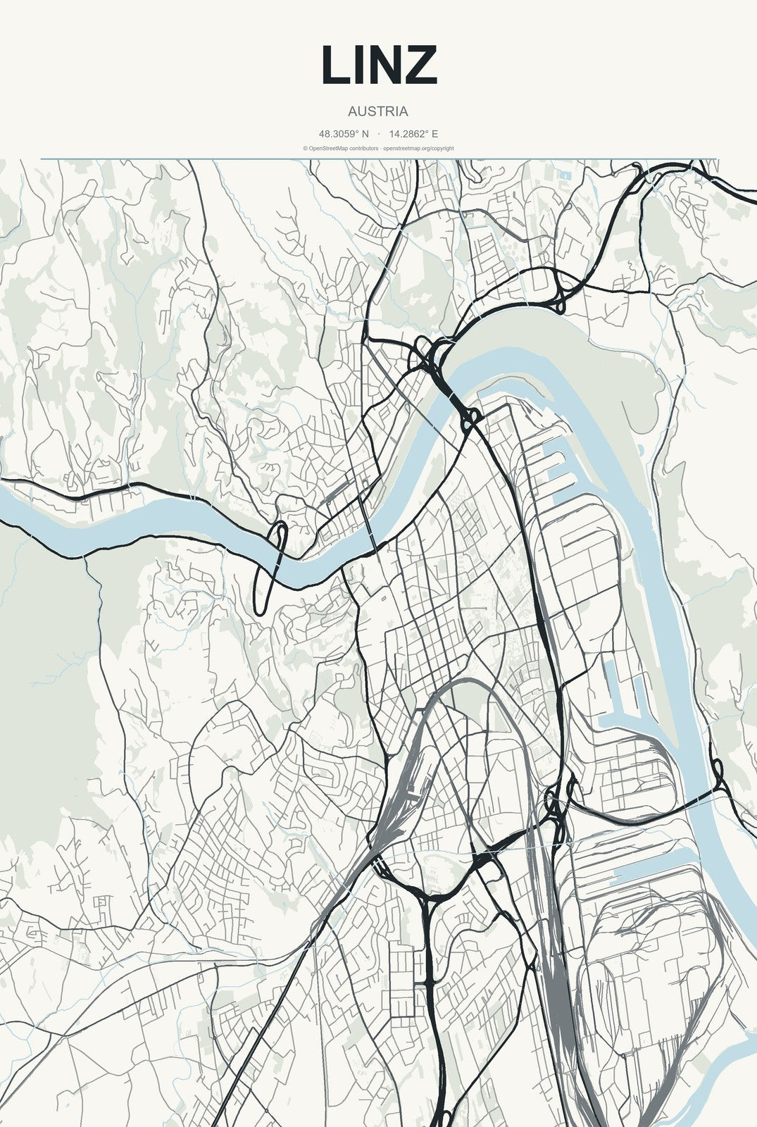 Linz, Austria City Map Aluminum Sign in Headline Atlas style