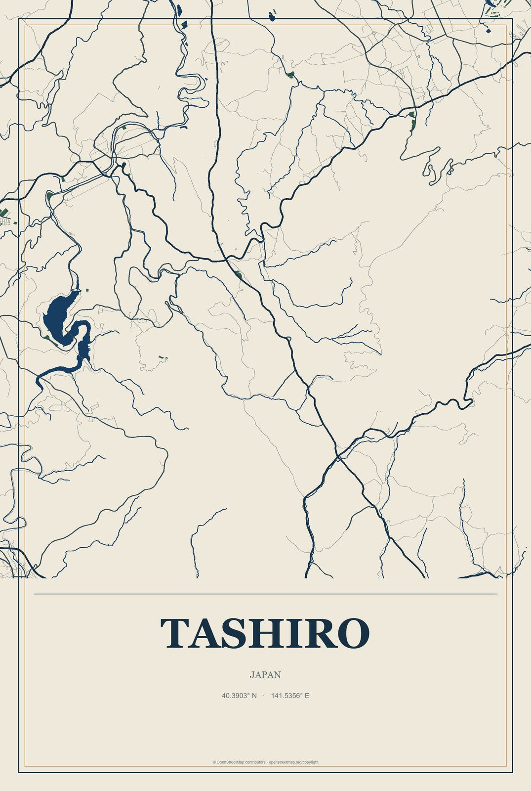 Tashiro, Japan City Map Aluminum Sign in Coastal Cutout style