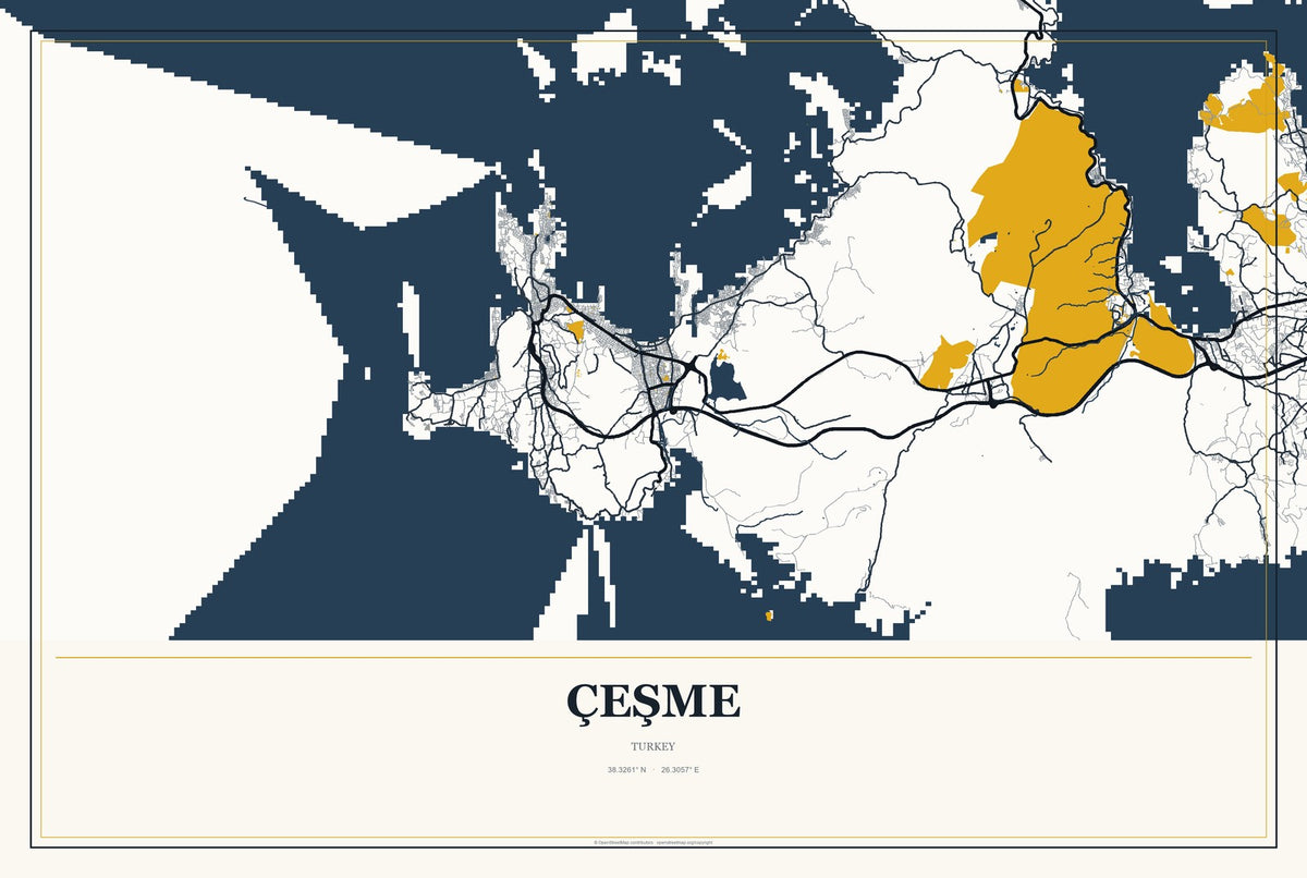 Çeşme, Turkey City Map Aluminum Sign in Citrine Modern style